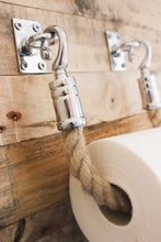 Load image into Gallery viewer, chrome bathroom fittings, chrome toilet roll holder, rope toilet roll holder, nautical bathroom, rustic bathroom, country bathroom, coastal bathroom