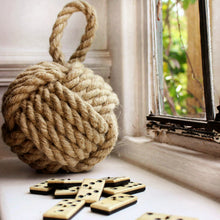 Load image into Gallery viewer, natural rope door stop made from flax hemp yarn, hand made in the UK, door stop, doorstop, natural fibre
