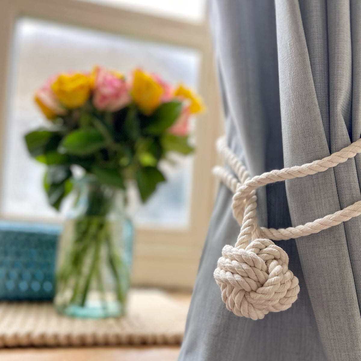 Ecru Cotton Rope Monkey-Fist Curtain Tiebacks