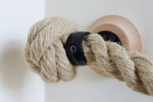 Load image into Gallery viewer, natural rope bannister rope, end knot and matt black brackets
