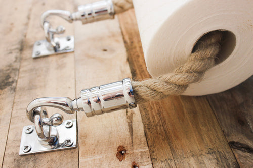 chrome bathroom fittings, chrome toilet roll holder, rope toilet roll holder, nautical bathroom, rustic bathroom, country bathroom, coastal bathroom